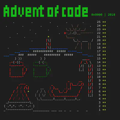 The completed 2018 calendar (art by [Advent of Code](https://adventofcode.com/2018), rendering by [encse](https://github.com/encse/adventofcode))